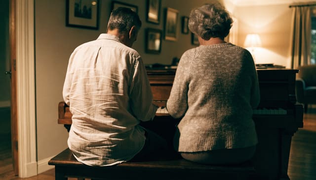 Two people side by side at an upright piano, seen from behind